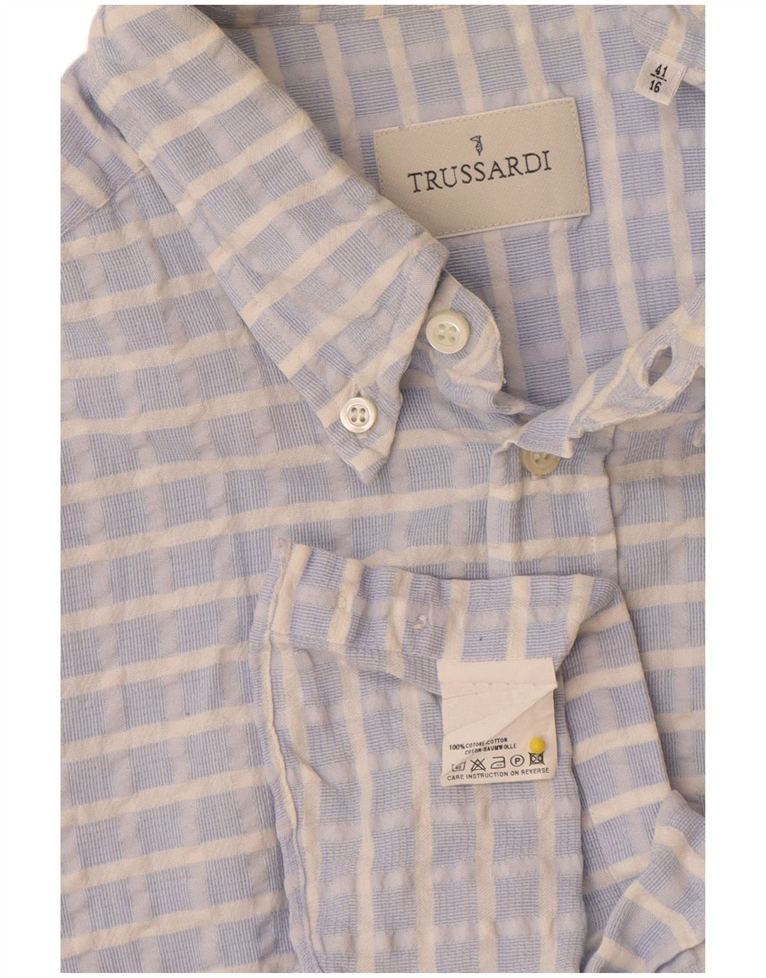 Camisa masculina Trussardi tamanho 41 16 grande algodão xadrez azul