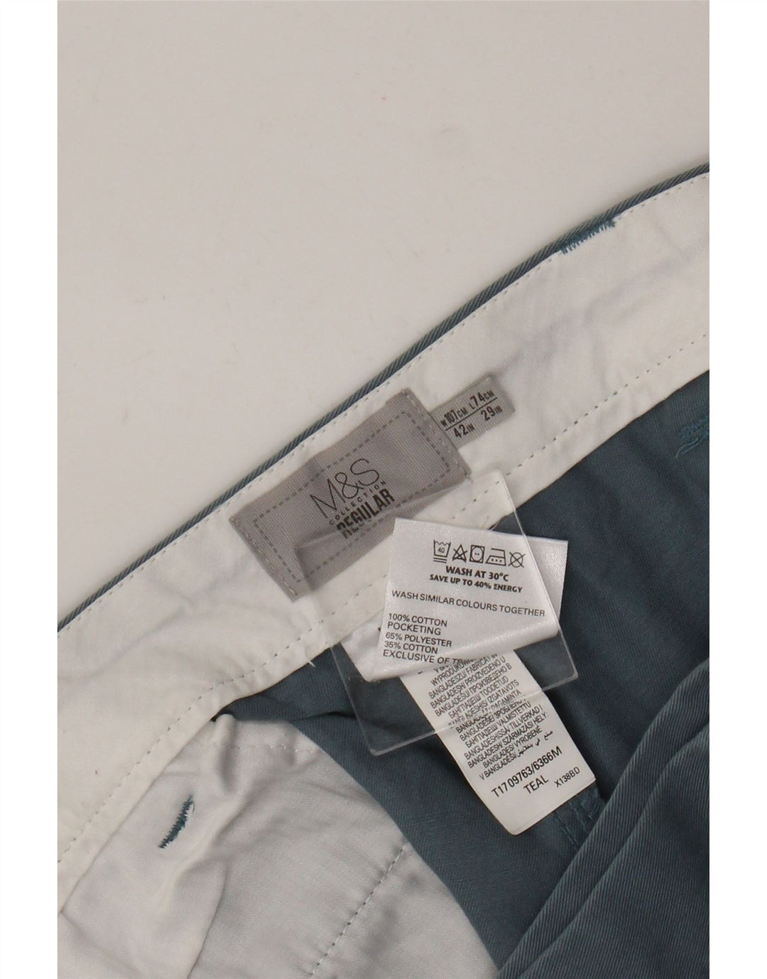 Calça chino masculina Marks & Spencer de ajuste regular W42 L29 algodão azul
