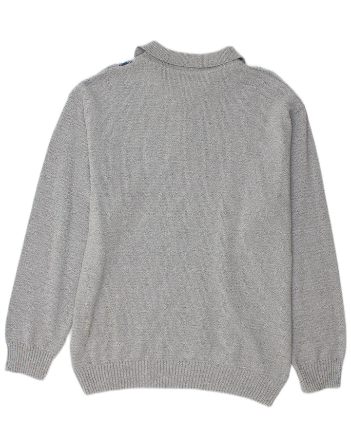 Suéter masculino vintage com gola polo e meio cinza geométrico