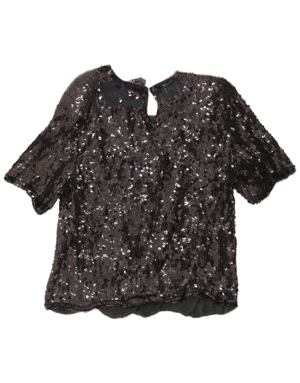 Blusa feminina vintage com lantejoulas e corte noturno, Reino Unido 18 XL, seda floral preta