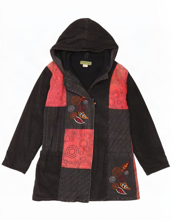 Casaco corta-vento feminino vintage com capuz Reino Unido 16 grande algodão preto patchwork