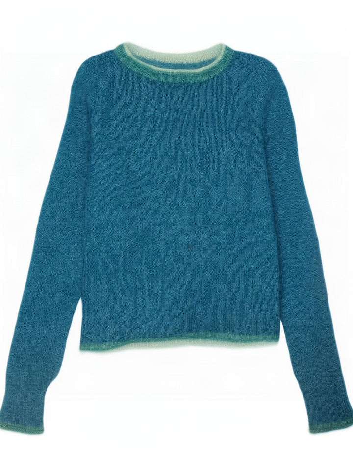 Suéter feminino vintage com gola redonda UK 10 pequeno azul