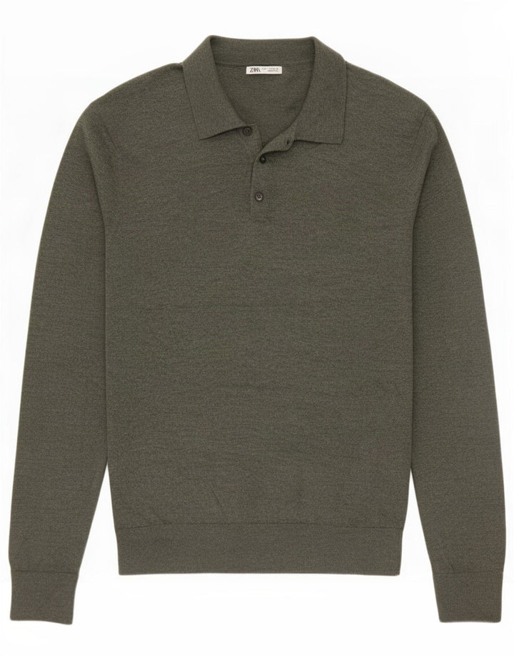 Suéter masculino Zara com gola polo e cáqui médio