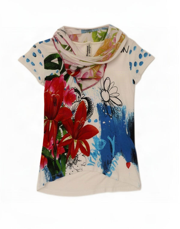 Camiseta feminina Desigual com estampa gráfica UK 14 grande viscose branca