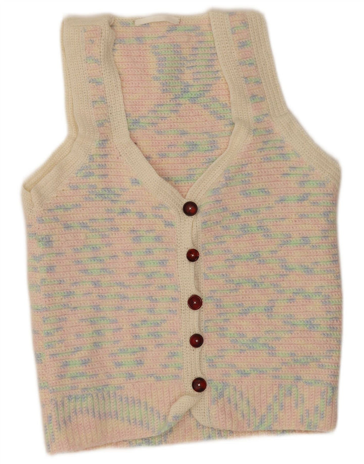 Suéter cardigã feminino vintage Reino Unido 14 médio multicolorido manchado