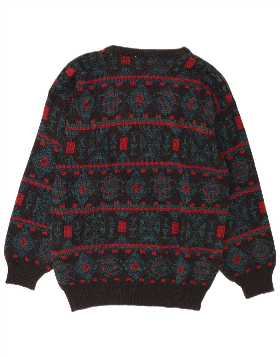 Suéter vintage masculino com gola redonda cinza médio geométrico