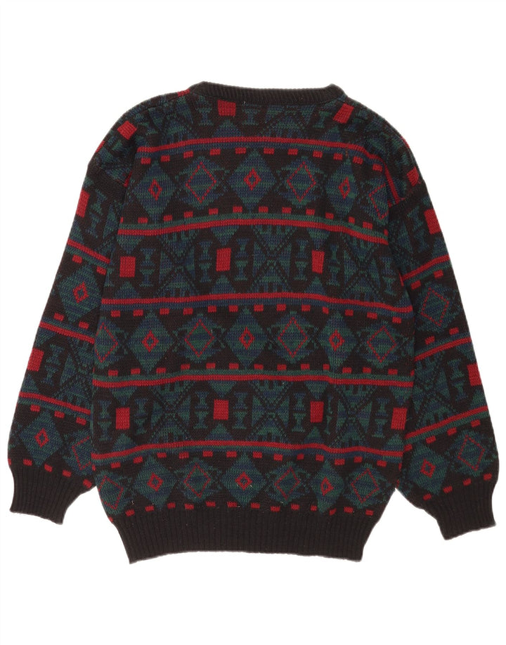Suéter vintage masculino com gola redonda cinza médio geométrico