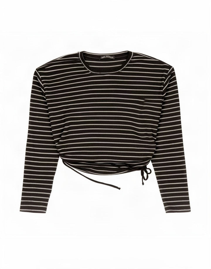 Zara Crop Top Feminino Manga Longa UK 14 Poliéster Listrado Preto Médio