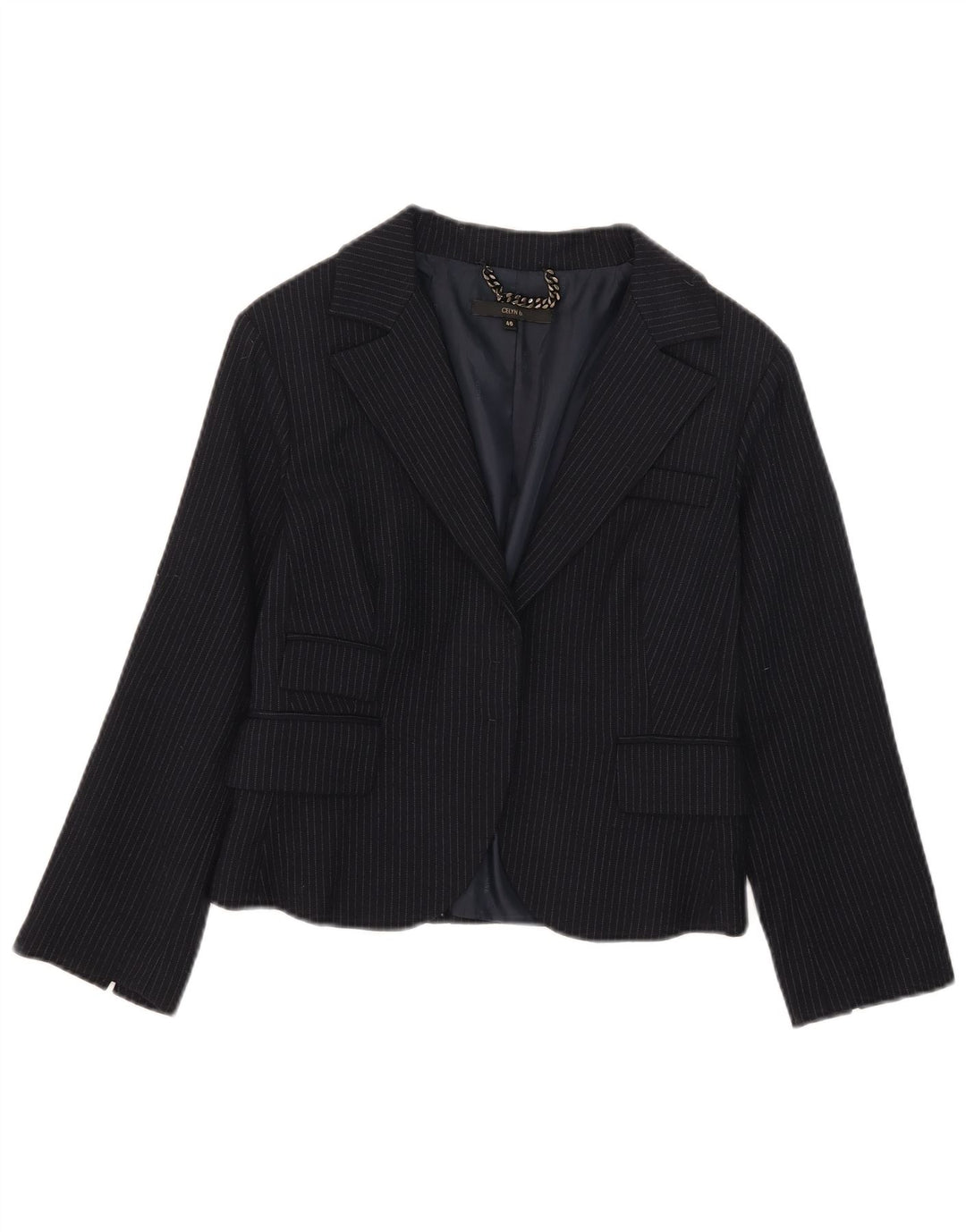 Jaqueta blazer feminina Celyn B cortada aberta IT 46 grande lã listrada azul marinho