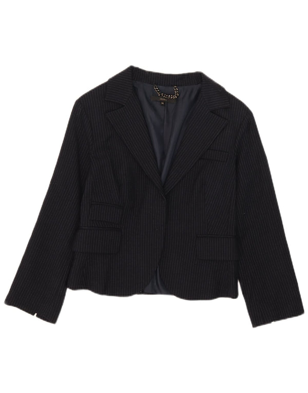 Jaqueta blazer feminina Celyn B cortada aberta IT 46 grande lã listrada azul marinho