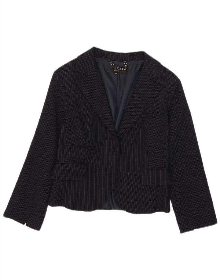 Jaqueta blazer feminina Celyn B cortada aberta IT 46 grande lã listrada azul marinho