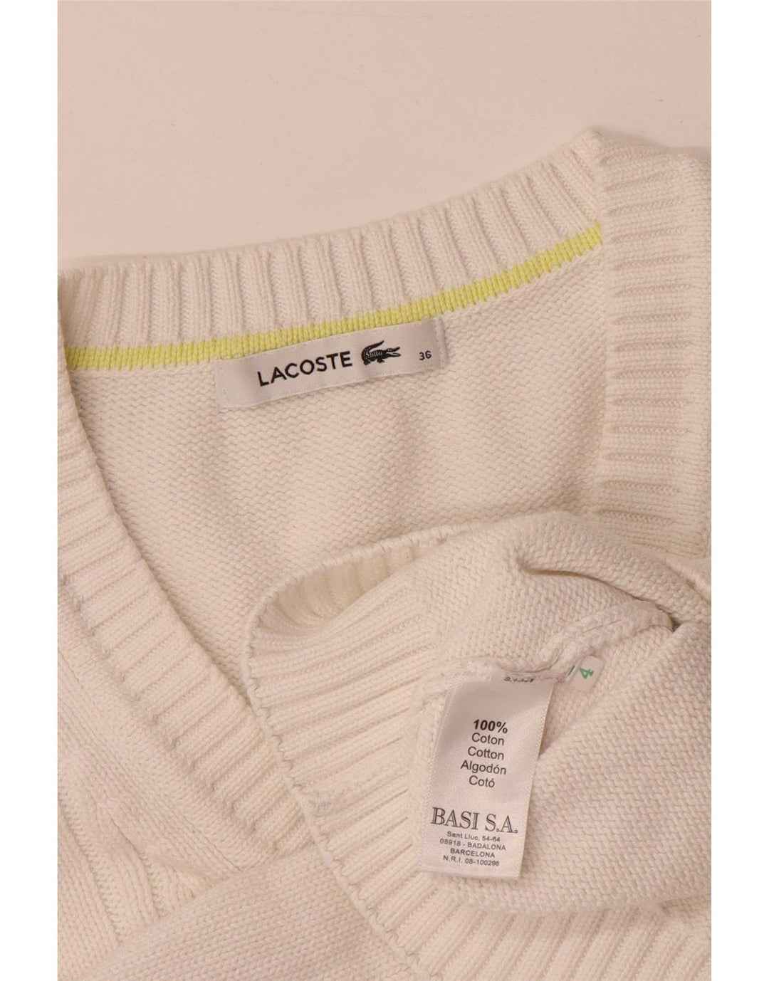 Suéter feminino Lacoste com decote em V tamanho 36 pequeno algodão branco