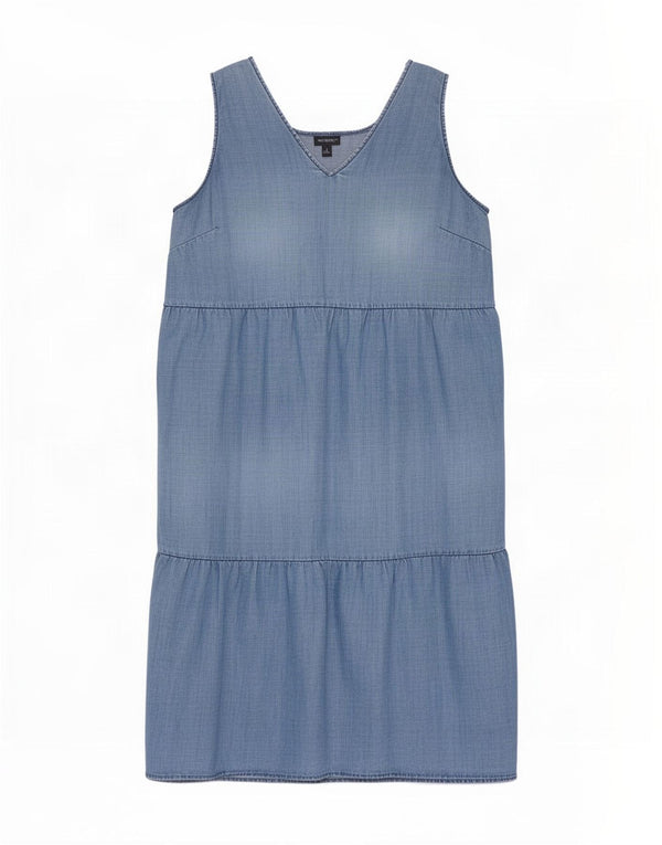 Marks & Spencer Womens Sleeveless Tiered Dress UK 16 Large Blue Tencel