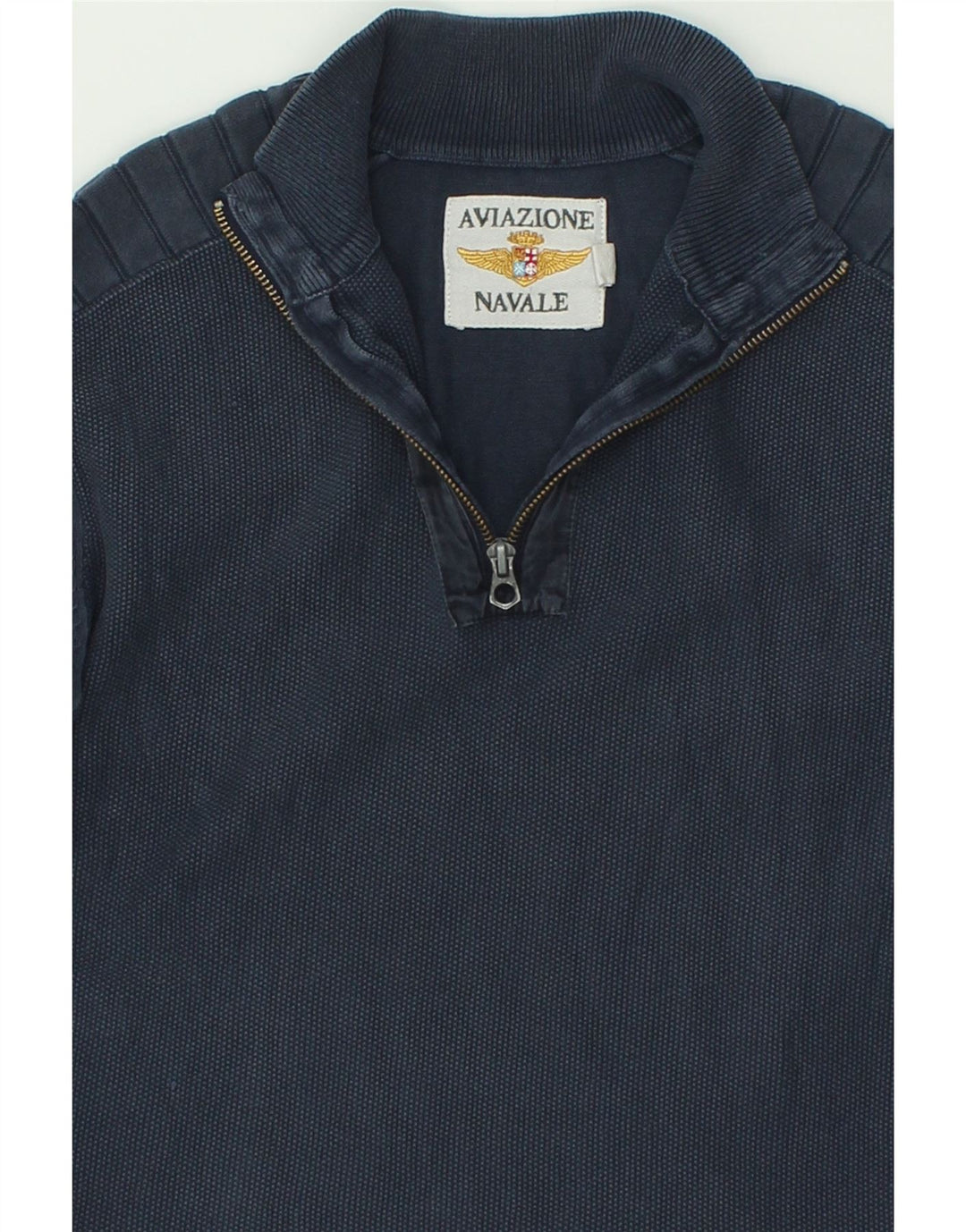 VINTAGE Mens Zip Neck Jumper Sweater Medium Navy Blue Cotton Vintage Vintage and Second-Hand Vintage from Messina Hembry 