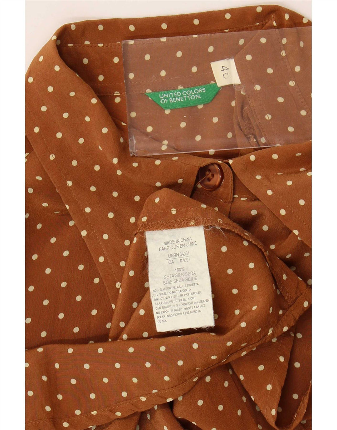 Blusa feminina Benetton IT 46 grande seda manchada marrom
