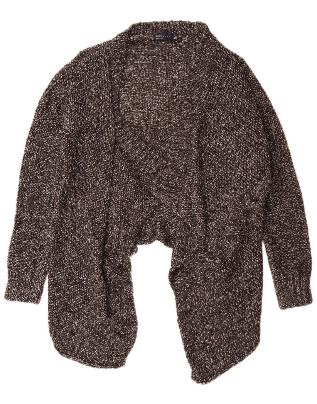 Zara Suéter cardigan aberto assimétrico feminino Reino Unido 12 cinza médio manchado