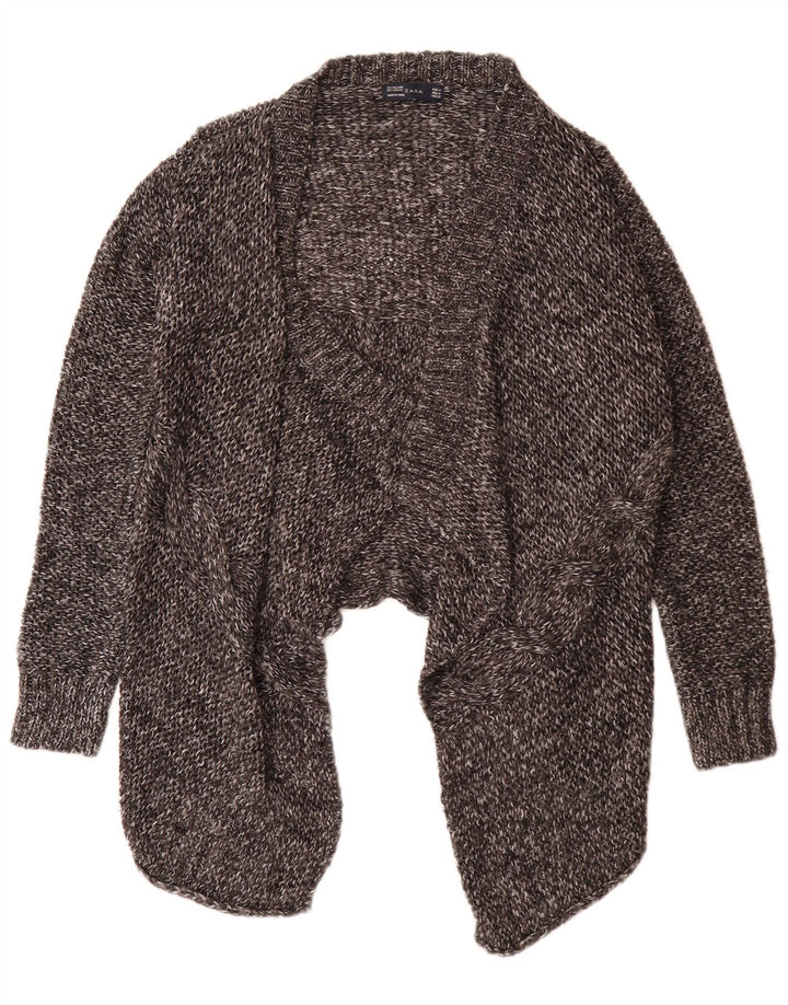 Zara Suéter cardigan aberto assimétrico feminino Reino Unido 12 cinza médio manchado