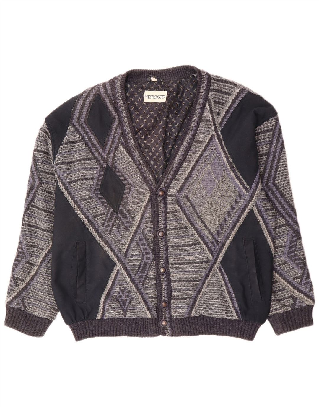 Suéter cardigã masculino VINTAGE XL cinza geométrico acrílico