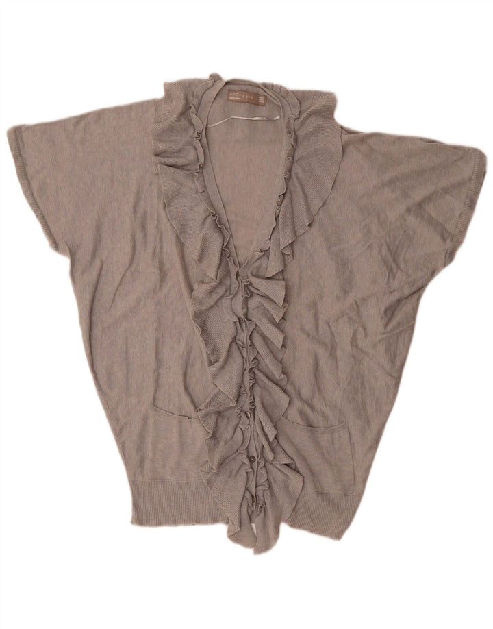 Zara Cardigan feminino oversized com babados na frente Reino Unido 14 cinza médio
