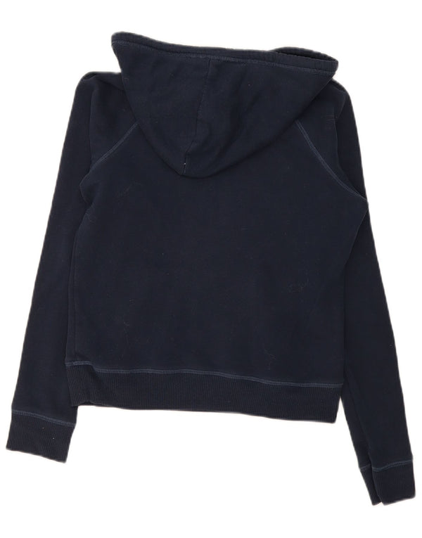 Jumper feminino com capuz gráfico Hollister Reino Unido 10 pequeno algodão azul marinho