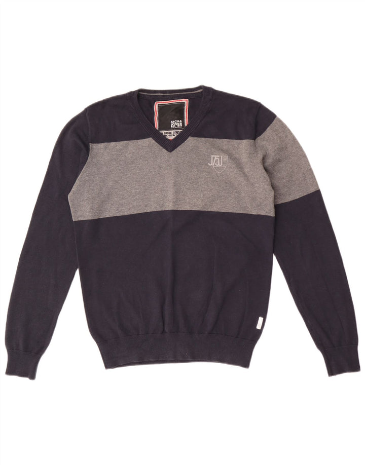 Suéter masculino Jack & Jones com decote em V médio azul marinho algodão colorblock