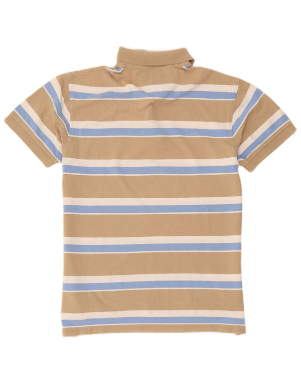 Camisa polo masculina Tommy Hilfiger pequena listrada bege de algodão