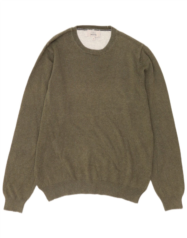 Suéter masculino Marks & Spencer com gola redonda, pequeno algodão cáqui