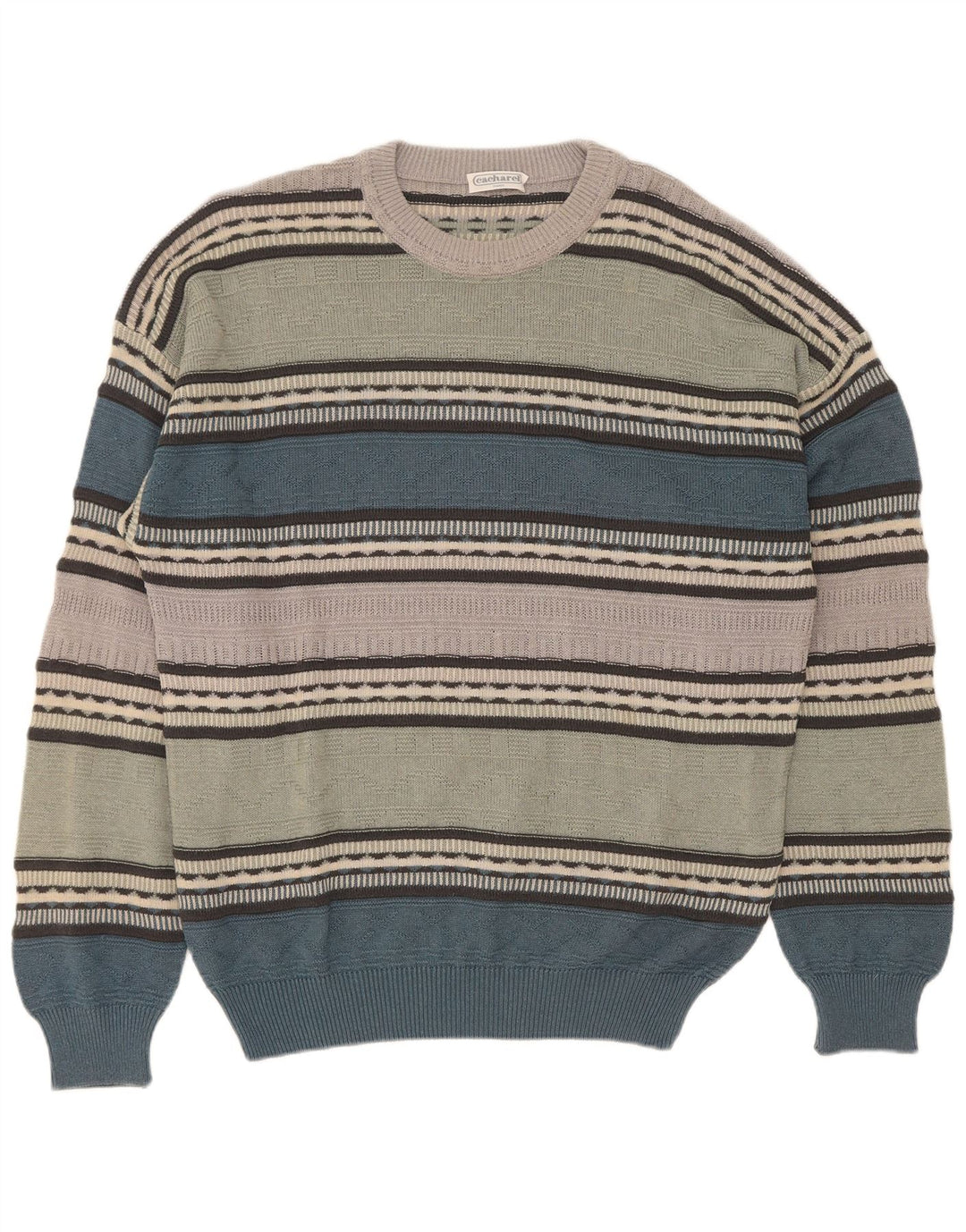 Suéter masculino Cacharel com gola redonda EU 52 grande bloco colorido verde