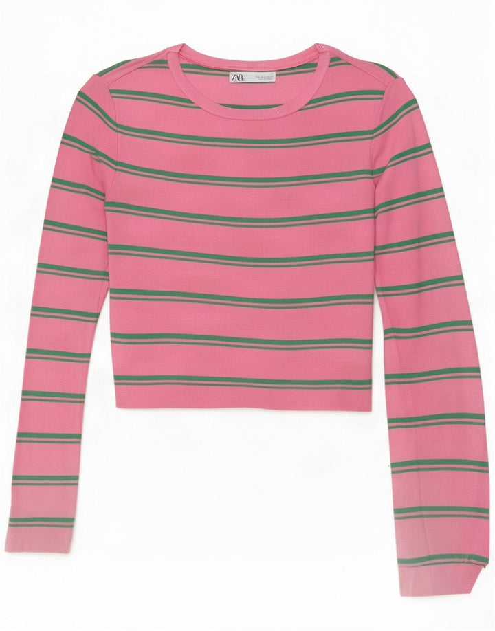 Zara Top curto feminino manga comprida Reino Unido 14 grande listrado rosa poliamida