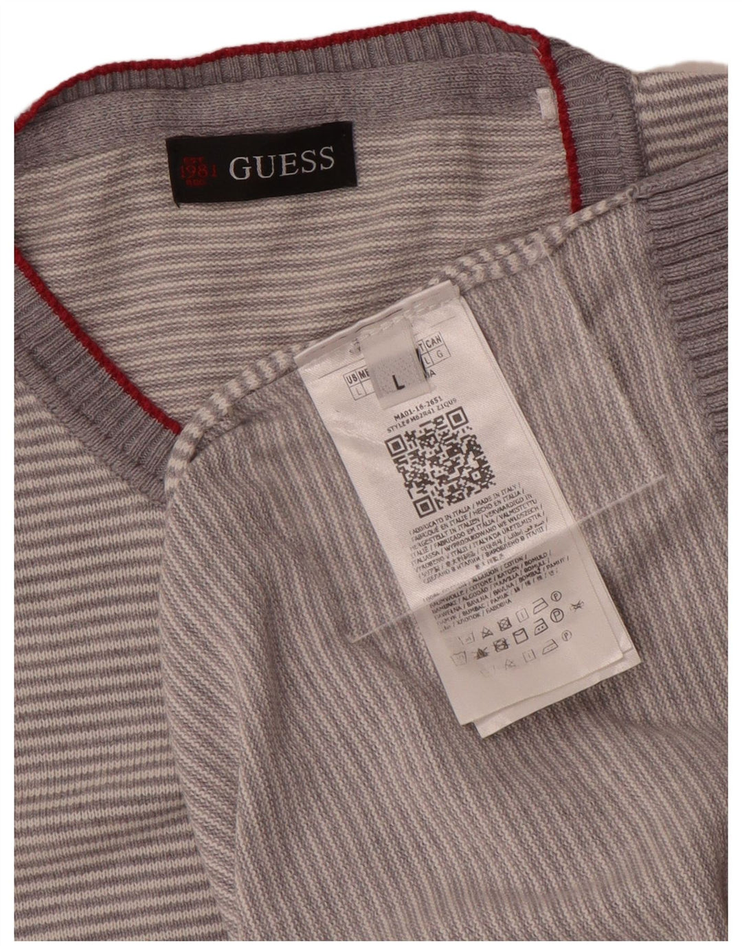 Suéter masculino Guess com gola redonda e algodão listrado cinza grande