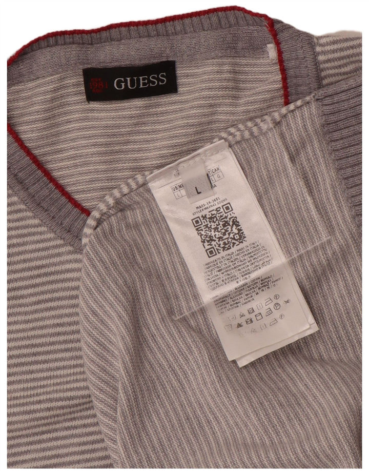 Suéter masculino Guess com gola redonda e algodão listrado cinza grande