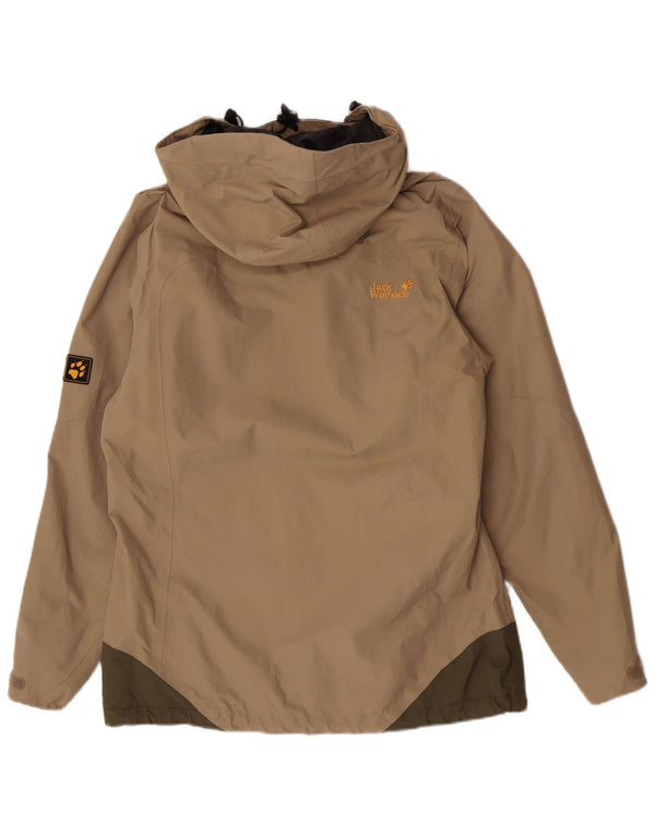 Jaqueta de chuva feminina com capuz Jack Wolfskin Reino Unido 12/14 bloco colorido bege médio