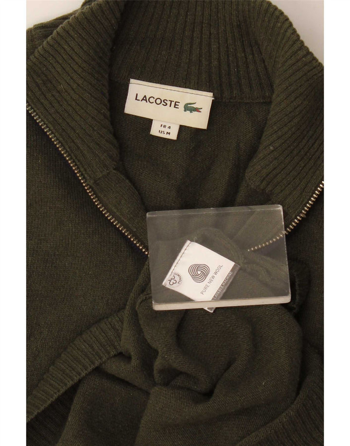 Suéter masculino Lacoste com zíper e gola tamanho 4, médio, cáqui, lã nova