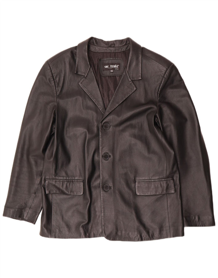 Jaqueta blazer de couro masculina vintage com 3 botões Reino Unido 44 2XL couro preto