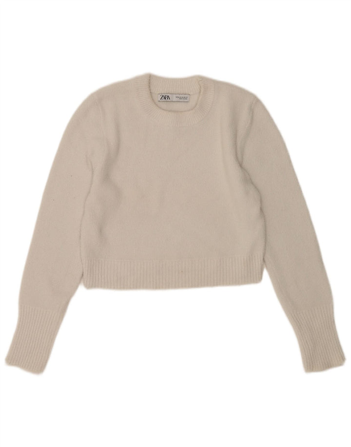 Suéter feminino Zara com gola redonda e gola redonda, Reino Unido 12 médio branco