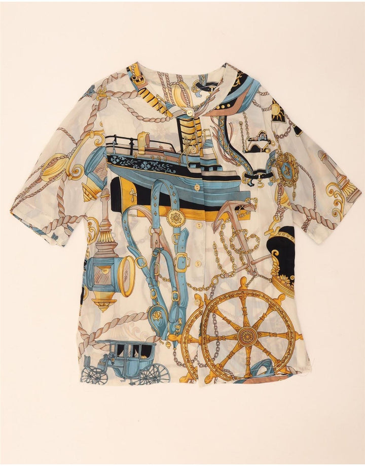 Blusa feminina vintage de manga curta com padrão abstrato Reino Unido 14 grande branca