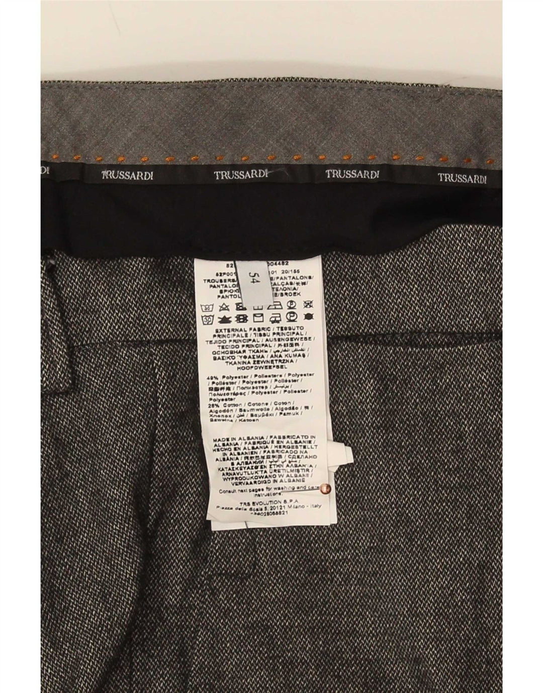 Calça masculina Trussardi Slim Suit IT 54 2XL W40 L34 cinza poliéster