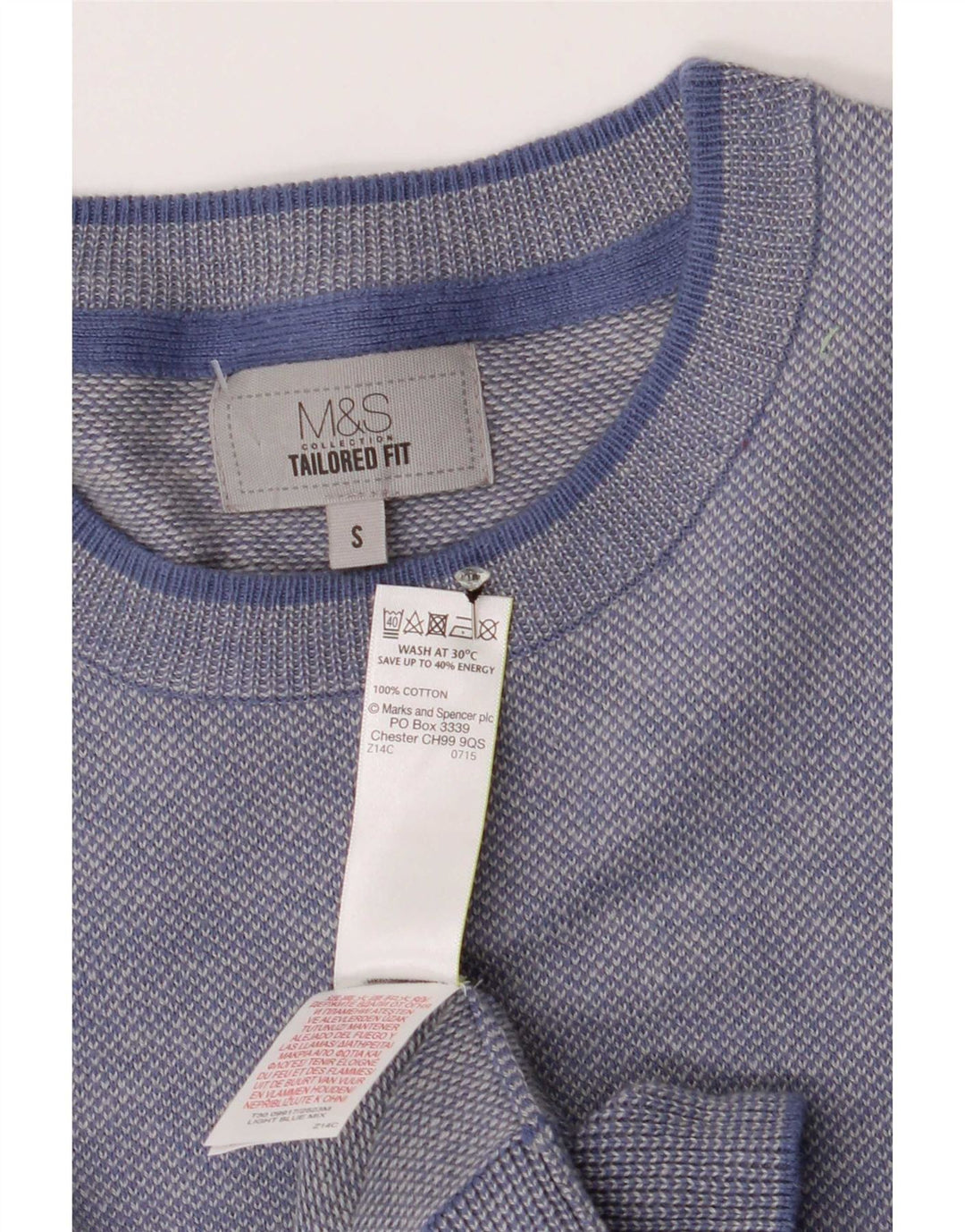 Suéter masculino Marks & Spencer com ajuste personalizado e gola redonda, azul pequeno