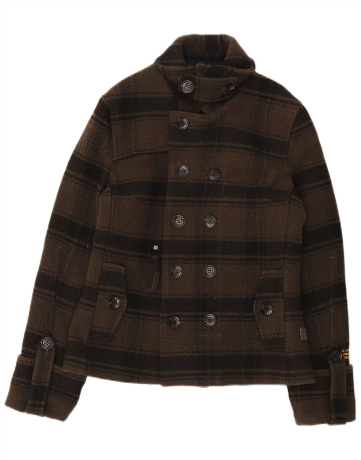Casaco feminino G-Star Pea Coat UK 10 pequeno lã xadrez cáqui