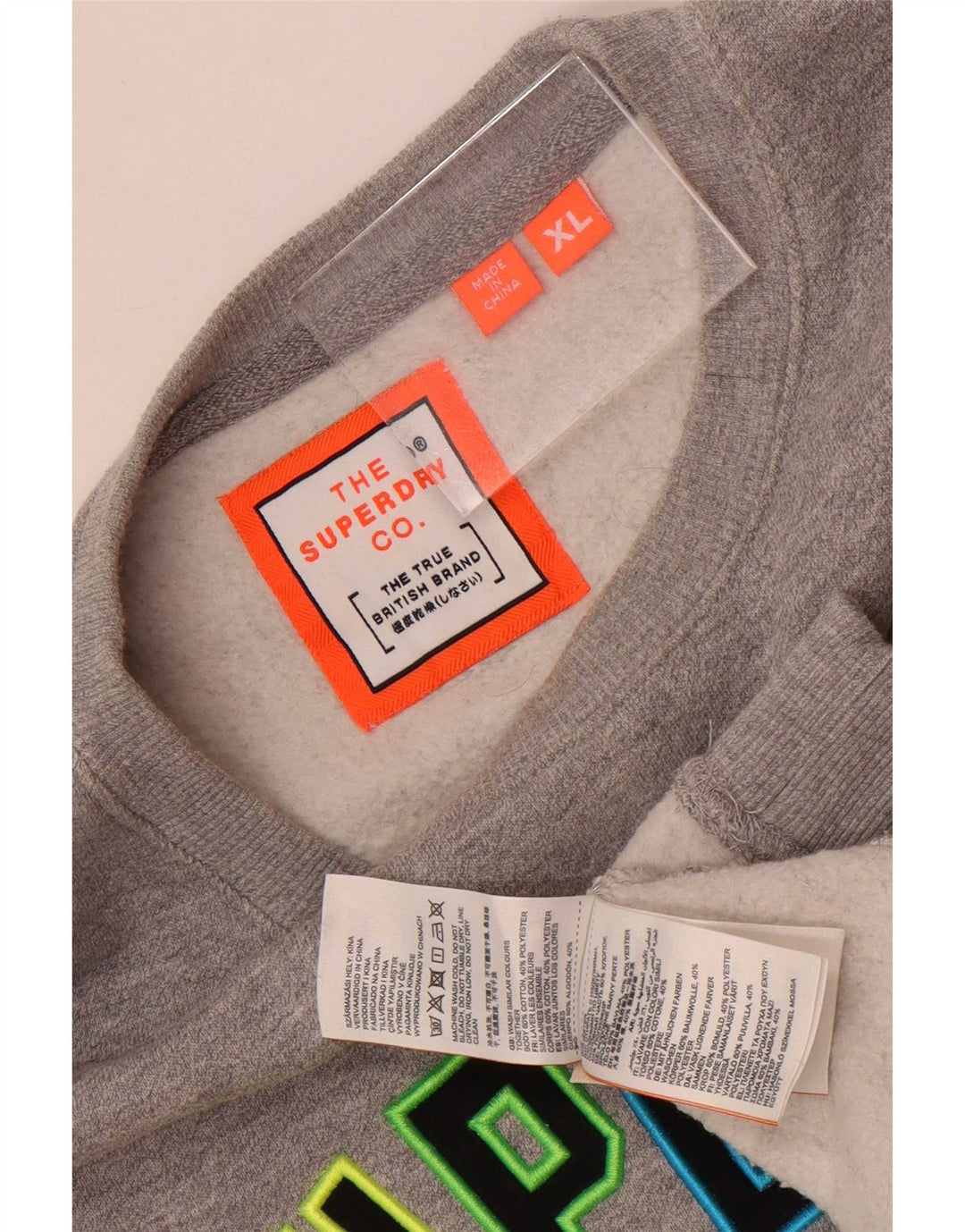 Suéter gráfico masculino Superdry XL cinza manchado de algodão