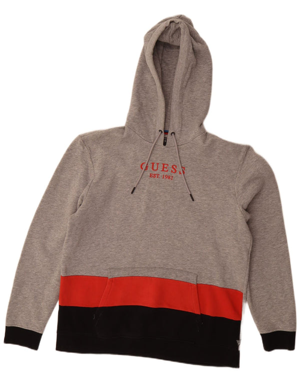 Suéter com capuz Guess masculino gráfico regular ajuste grande cinza colorido bloco de algodão