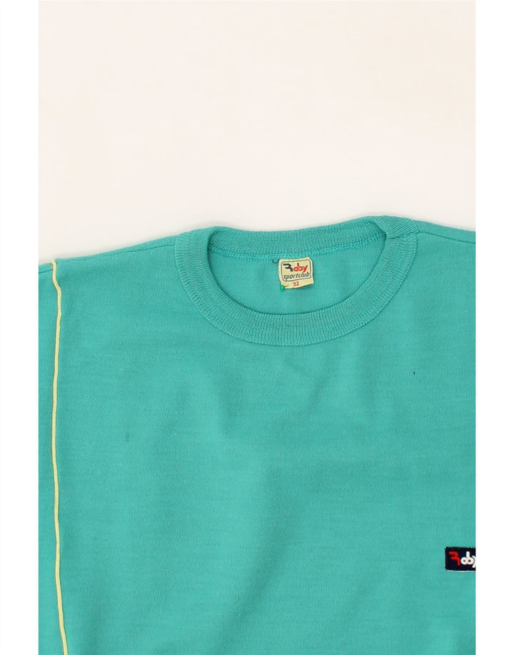ROBY Womens Crew Neck Jumper Sweater EU 32 2XS Turquoise Colourblock Vintage Roby and Second-Hand Roby from Messina Hembry 