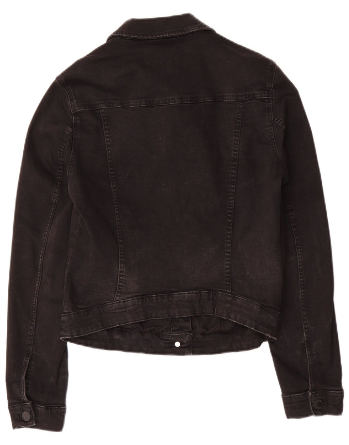 Zara Womens Trafaluc Crop Denim Jacket Reino Unido 12 Médio Algodão Preto