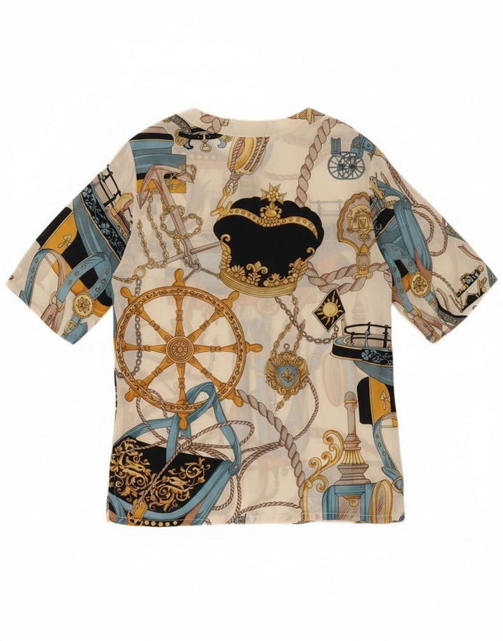 Blusa feminina vintage de manga curta com padrão abstrato Reino Unido 14 grande branca