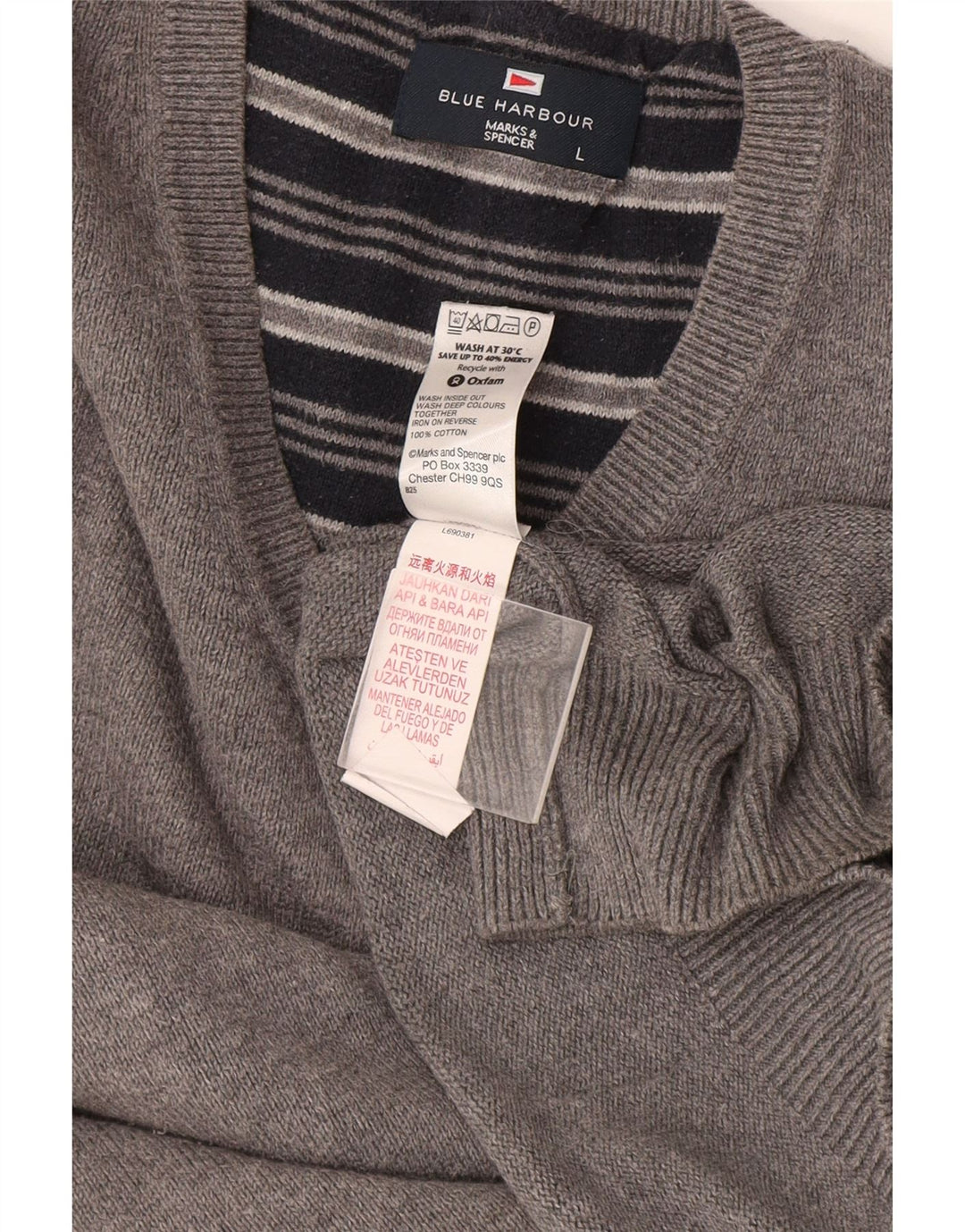 Suéter masculino Marks & Spencer Blue Harbor com decote em V, grande algodão cinza