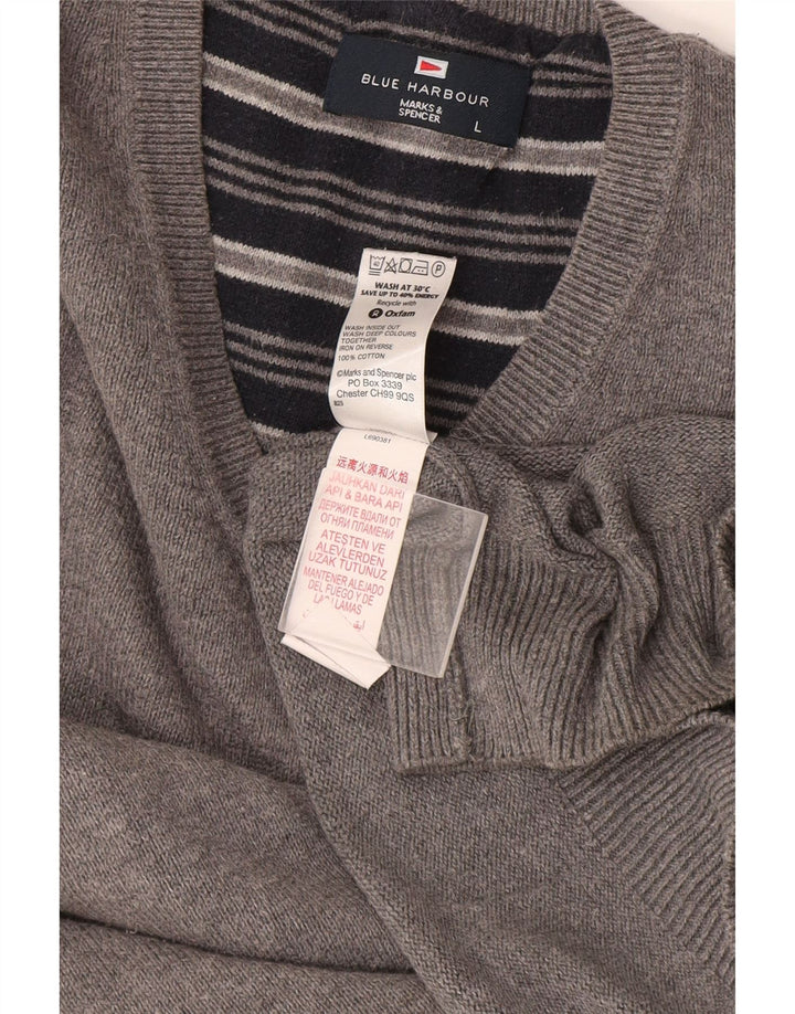 Suéter masculino Marks & Spencer Blue Harbor com decote em V, grande algodão cinza