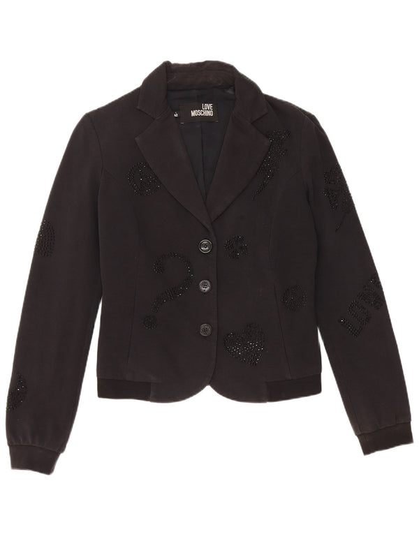 Jaqueta blazer feminina Moschino Crop Graphic 3 botões Reino Unido 10 pequena preta
