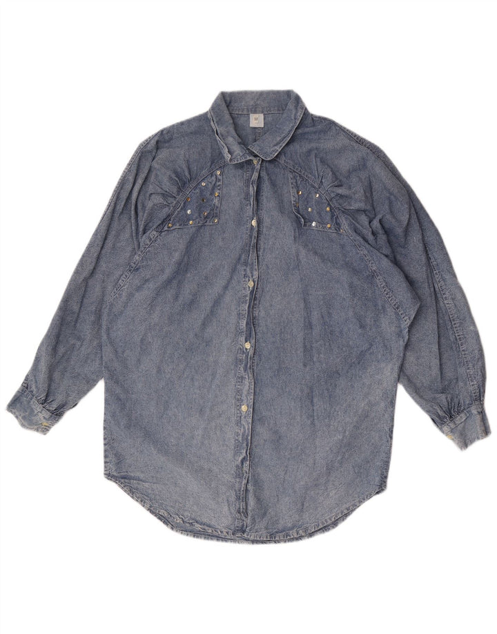 Camisa jeans feminina vintage de grandes dimensões Reino Unido 14 algodão azul médio