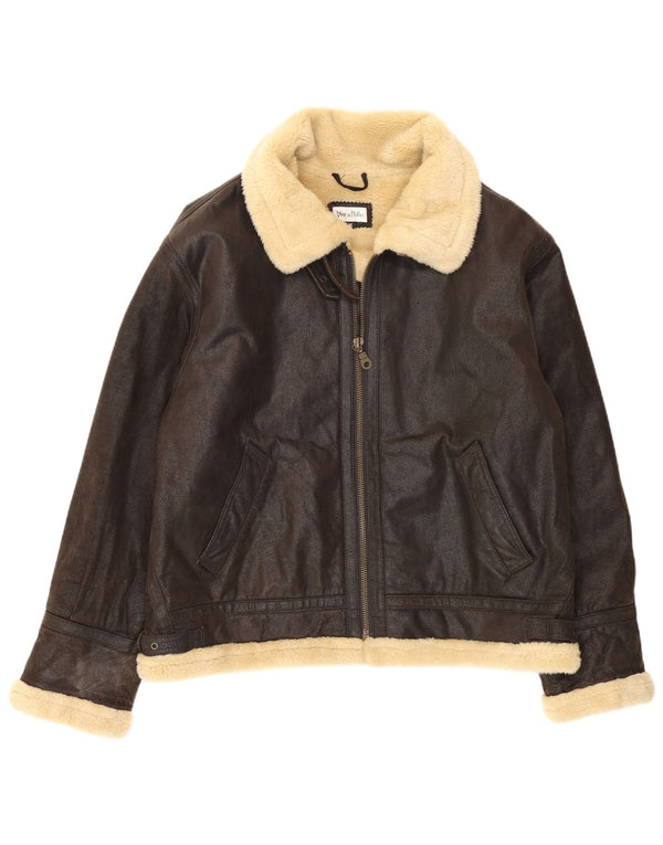 Jaqueta de couro Sherpa masculina vintage Reino Unido 38 bloco colorido marrom médio