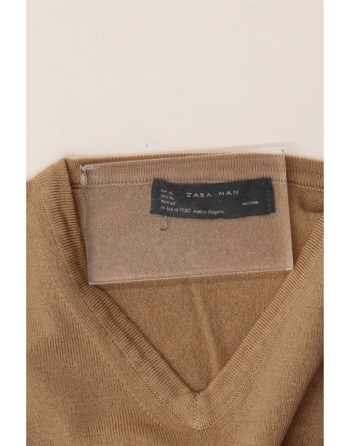 Zara Suéter masculino com decote em V XL lã marrom